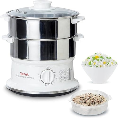 Tefal Dampfgarer elektrisch, 2 Edelstahlbehälter, 6L Fassungsvermögen, Dampfkocher mit 24cm Durchmesser, Timer und automatische Abschaltung, 900W, weiß, VC1451 im Sale